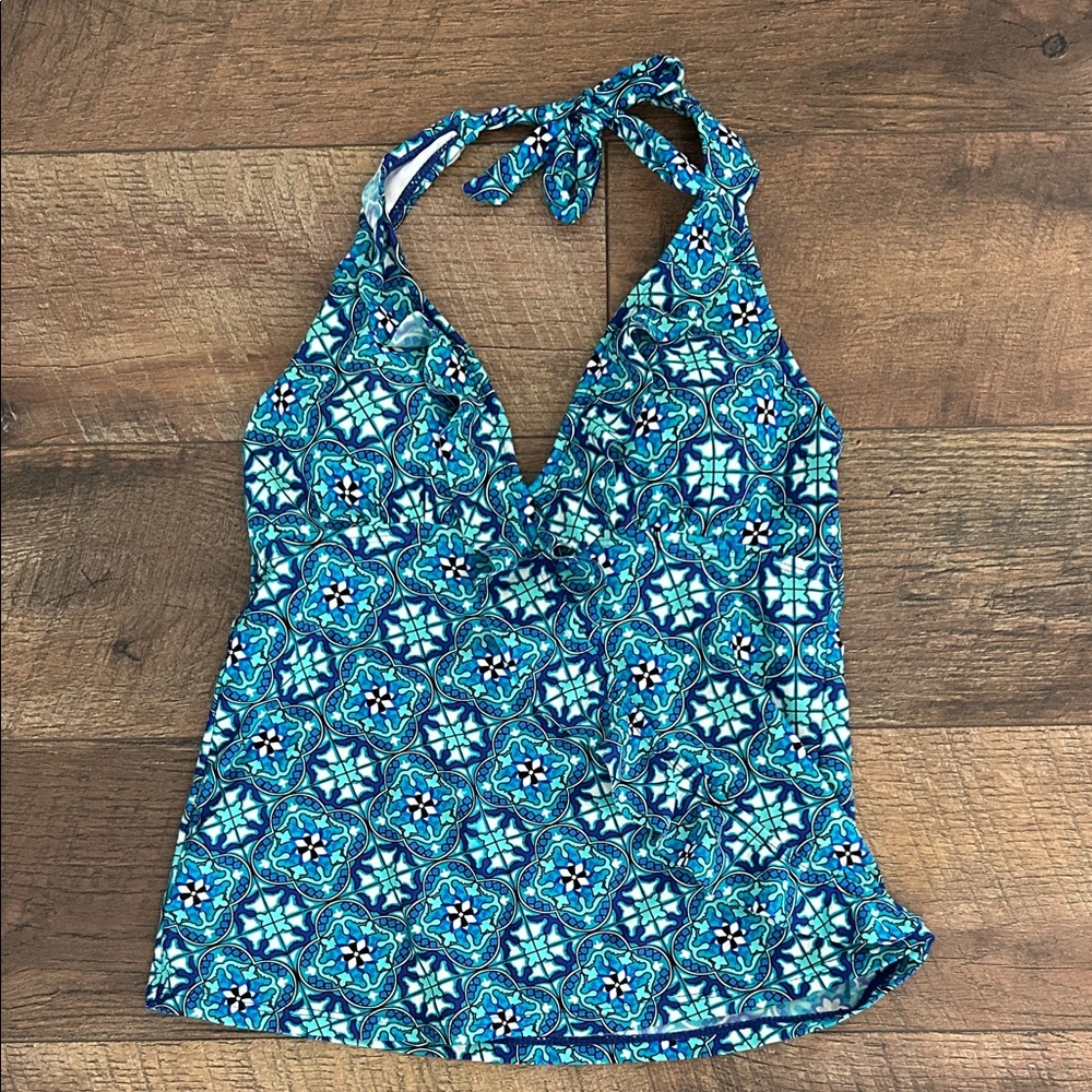 SPANX Blue and Teal Mosaic Halter Tankini Top